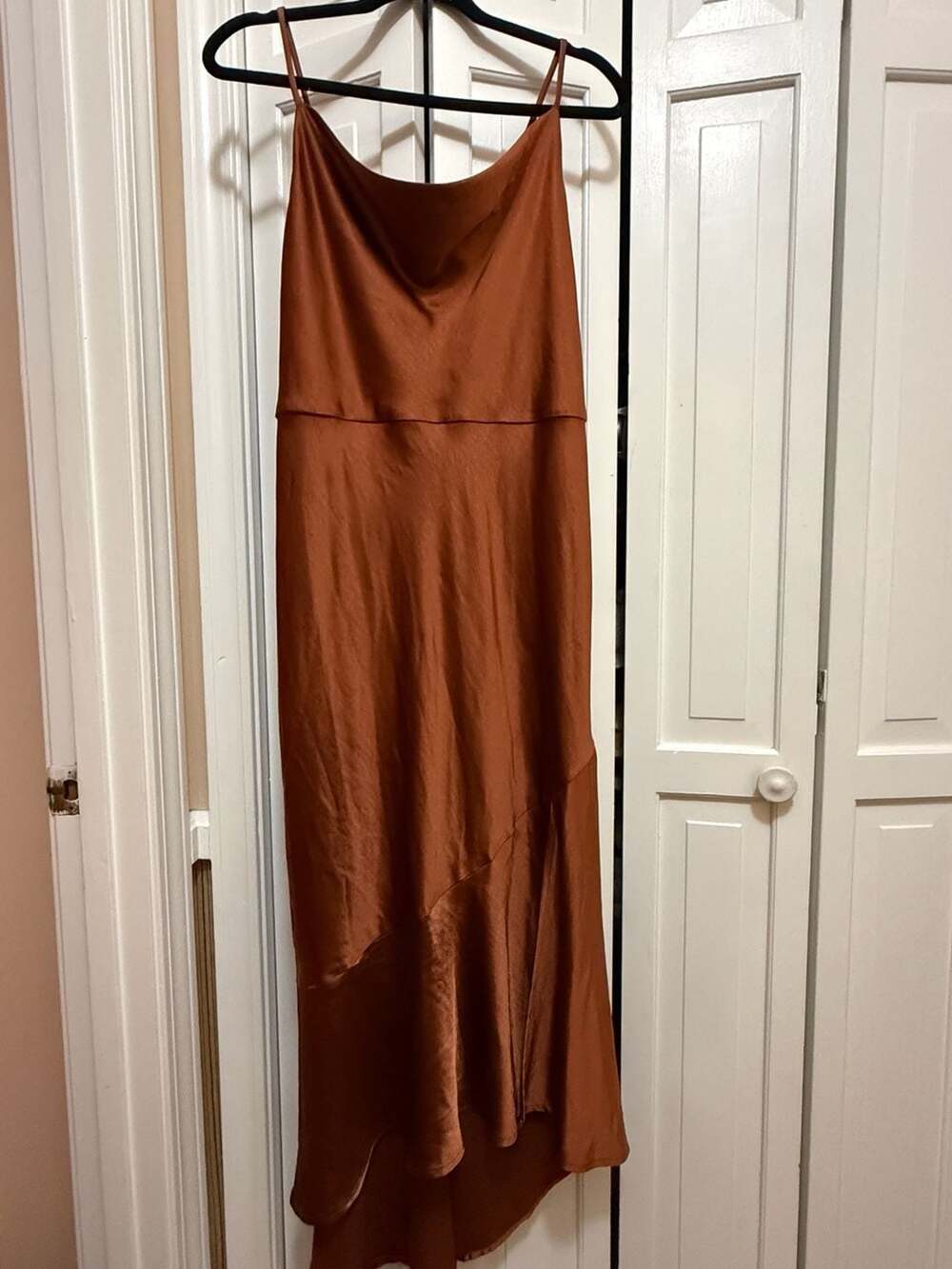 Skies Are Blue Maxi Dress Size XL Copper Satin Cowl Neck Asymmetric Hem